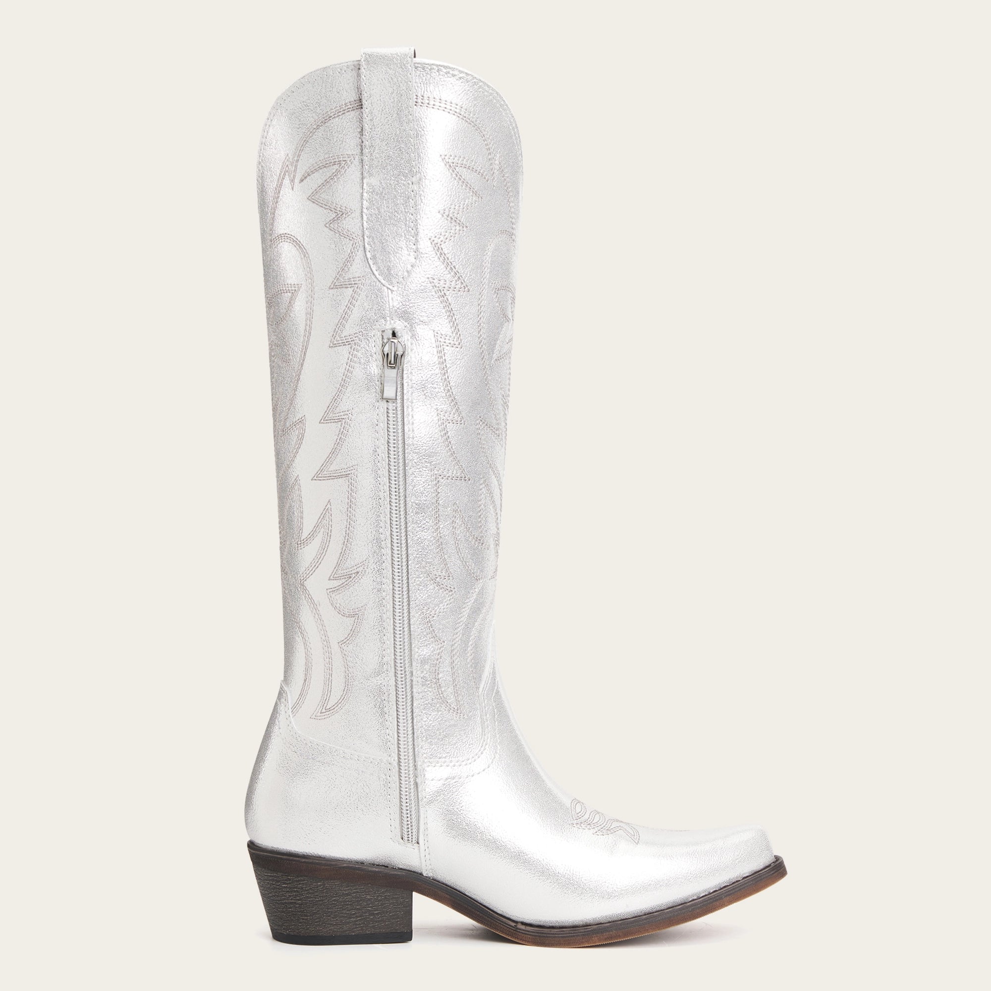The Molly Wood - Metallic Silver Starburst Embroidered Tall Western Cowgirl Boots with Side Zipper