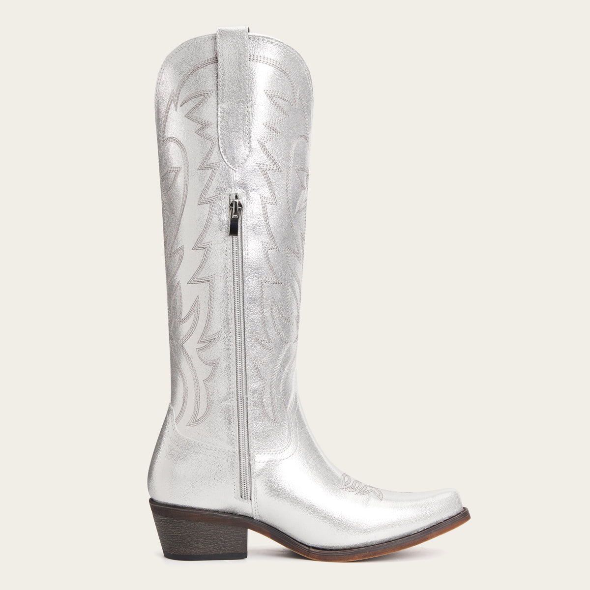 The Molly Wood - Metallic Silver Starburst Embroidered Tall Western Cowgirl Boots with Side Zipper