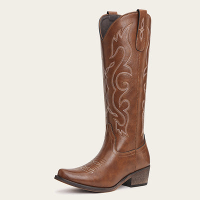 The Cheyenne - Brown Vintage Scroll Embroidered Snip Toe Cowgirl Boots with Side Zipper