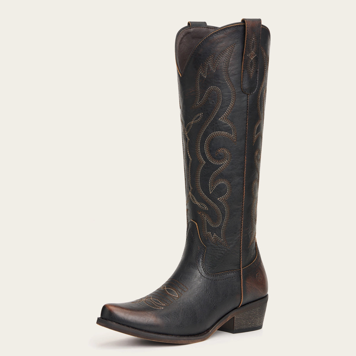 The Cheyenne - DarkBrown Scroll Embroidered Snip Toe Cowgirl Boots with Side Zipper