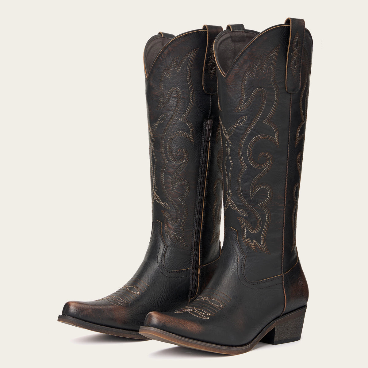 The Cheyenne - DarkBrown Scroll Embroidered Snip Toe Cowgirl Boots with Side Zipper