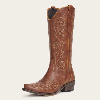 The Jolene - Cognac Scroll Embroidered Snip Toe Cowgirl Boots with Side Zipper