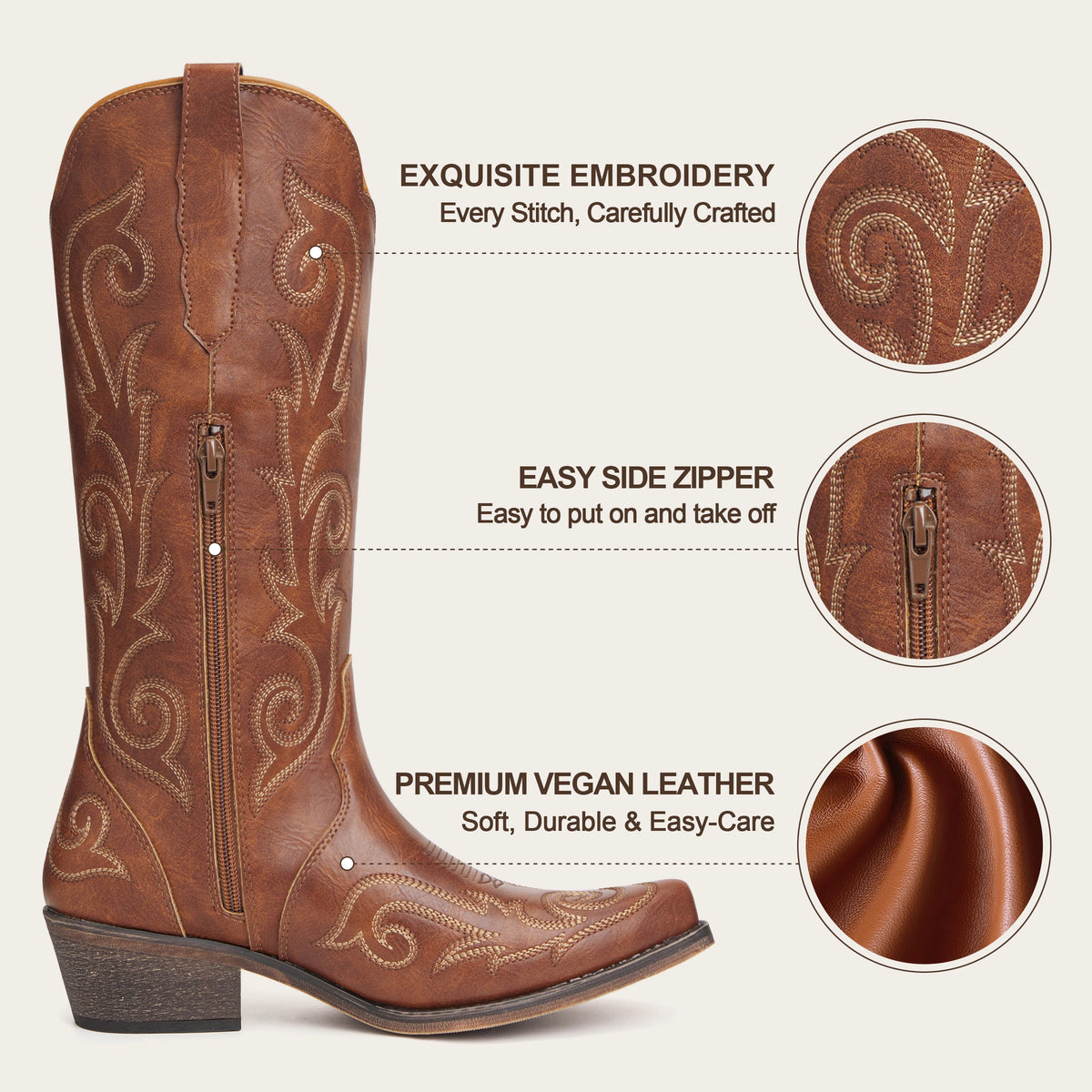 The Jolene - Cognac Scroll Embroidered Snip Toe Cowgirl Boots with Side Zipper