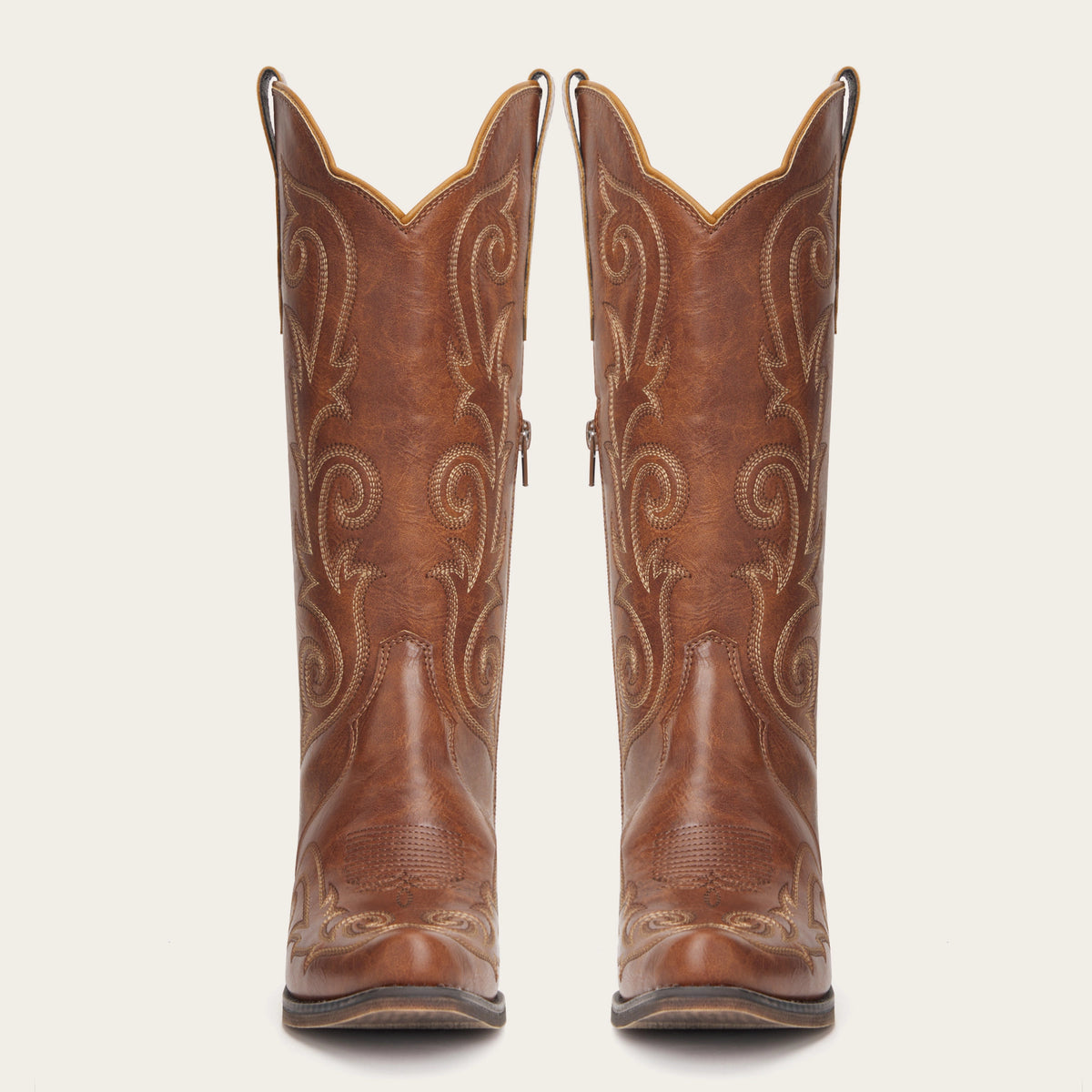 The Jolene - Cognac Scroll Embroidered Snip Toe Cowgirl Boots with Side Zipper