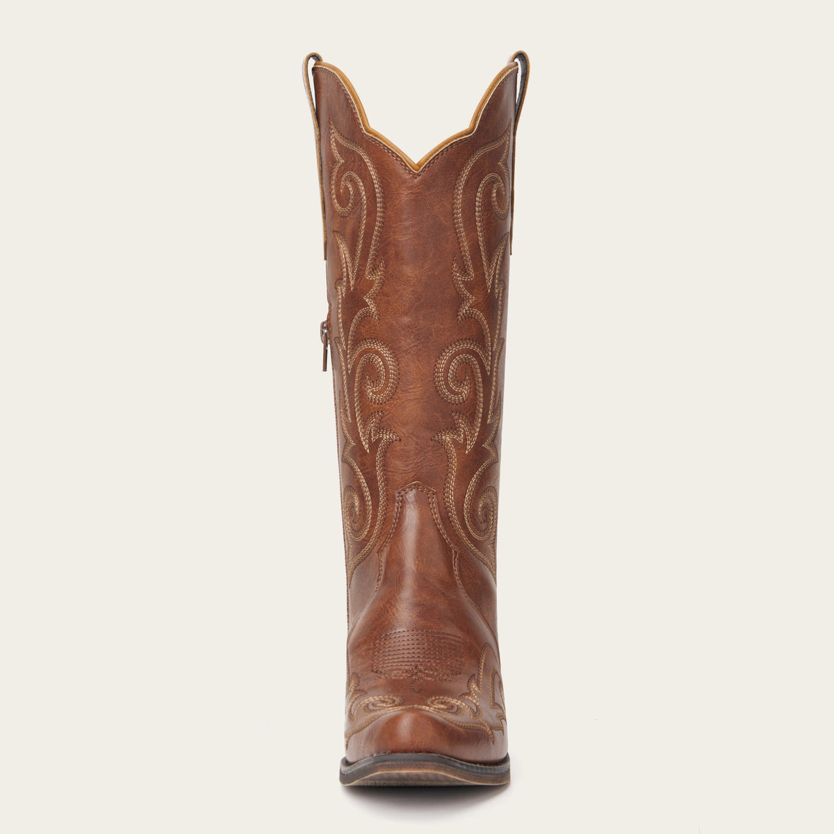 The Jolene - Cognac Scroll Embroidered Snip Toe Cowgirl Boots with Side Zipper