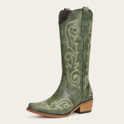 The Jolene - Sage Green Scroll Embroidered Snip Toe Cowgirl Boots with Side Zipper