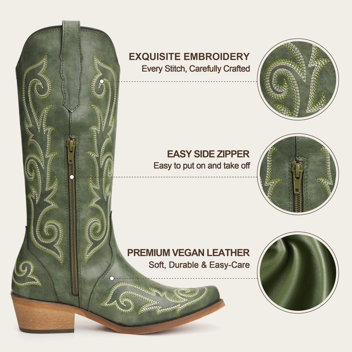 The Jolene - Sage Green Scroll Embroidered Snip Toe Cowgirl Boots with Side Zipper