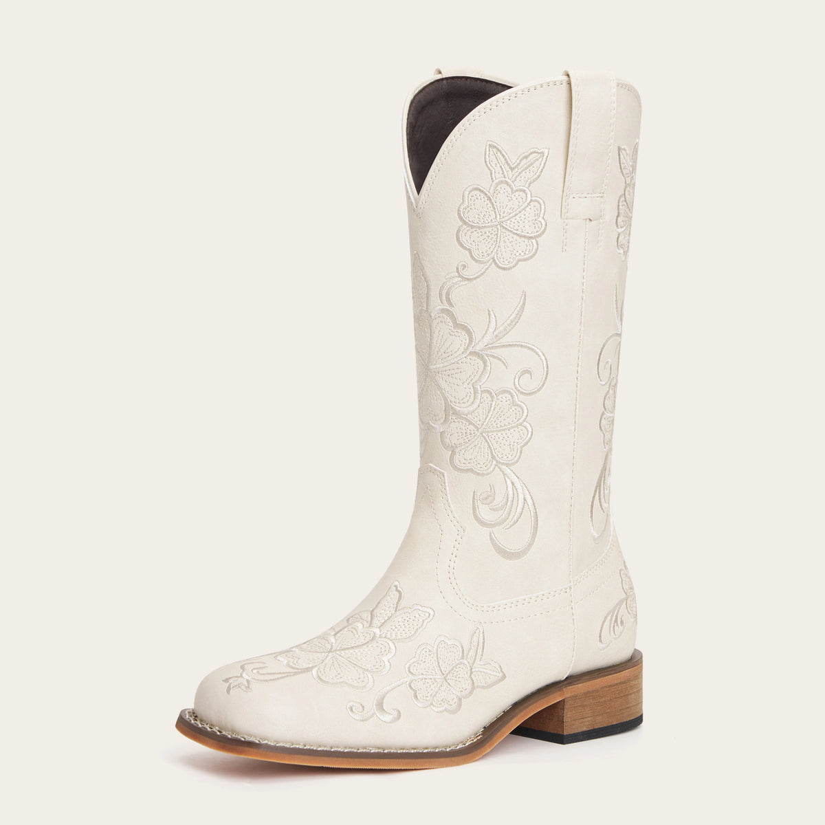 The Magnolia - Cream Floral Embroidered Square Toe Short Cowgirl Boots with Low Heel