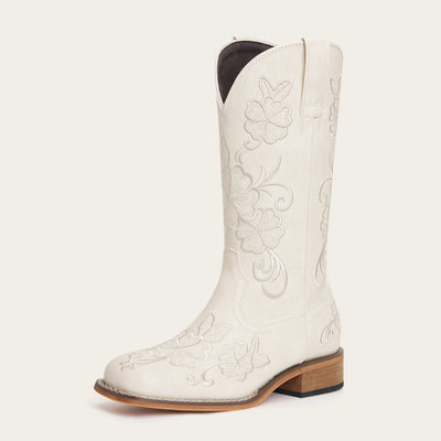 The Magnolia - Cream Floral Embroidered Square Toe Short Cowgirl Boots with Low Heel