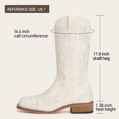 The Magnolia - Cream Floral Embroidered Square Toe Short Cowgirl Boots with Low Heel