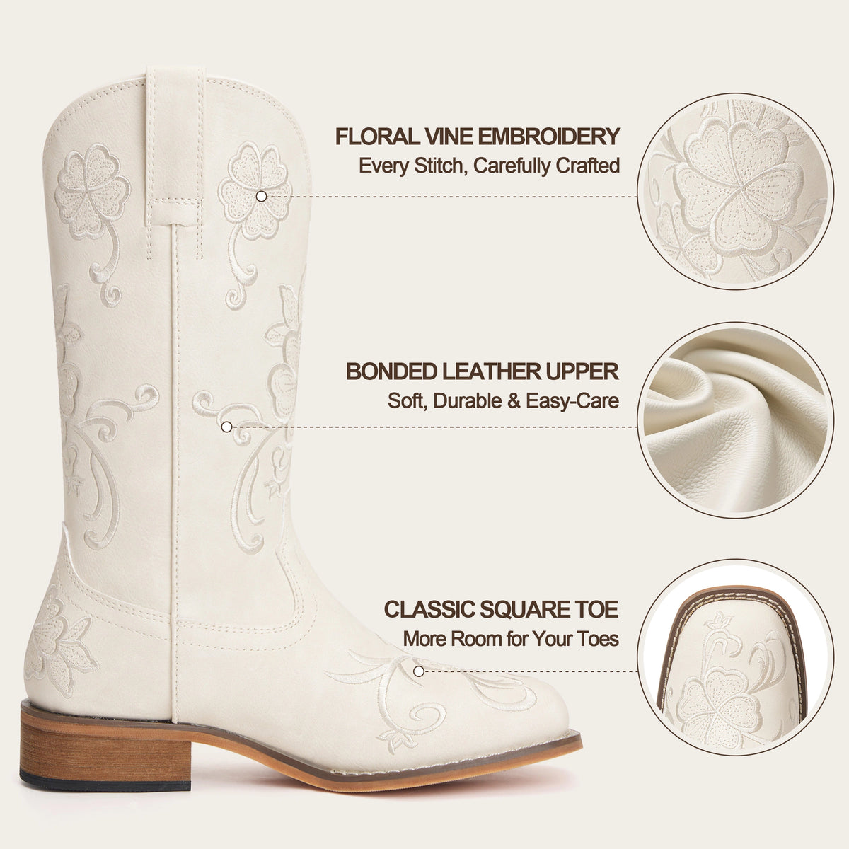 The Magnolia - Cream Floral Embroidered Square Toe Short Cowgirl Boots with Low Heel