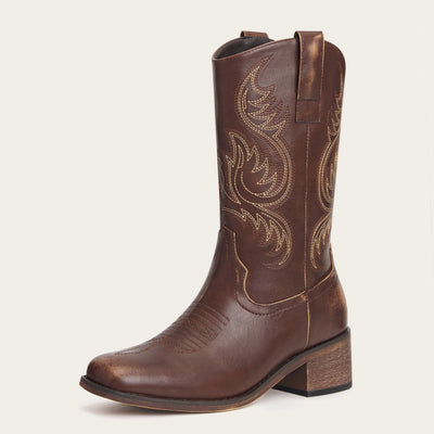 The Bronco - Brown Square Toe Mid-Calf Cowgirl Boots with Western Embroidery