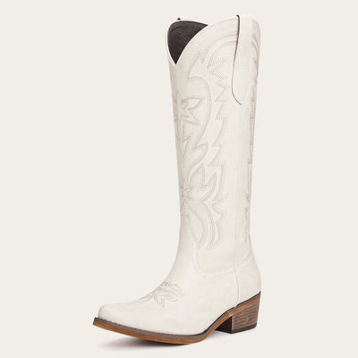 The Molly Wood - Cream Starburst Embroidered Tall Western Cowgirl Boots with Side Zipper