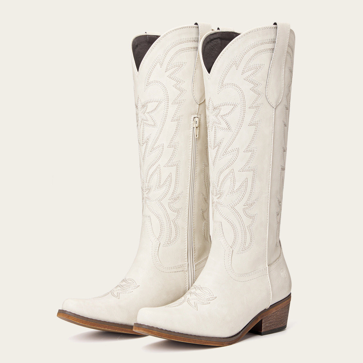 The Molly Wood - Cream Starburst Embroidered Tall Western Cowgirl Boots with Side Zipper
