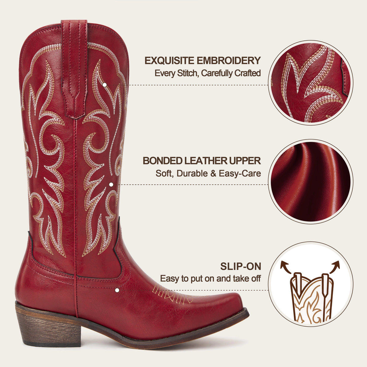 The Loretta - Red Flame Embroidered Cowgirl Boots with Side Zipper