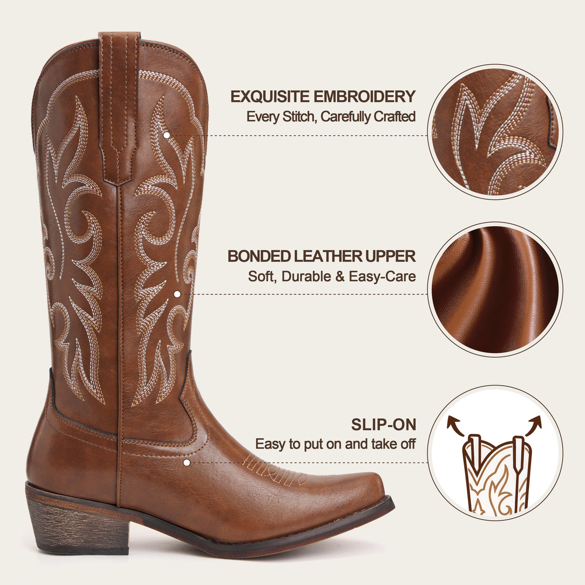 The Loretta - Brown Flame Embroidered Cowgirl Boots with Side Zipper