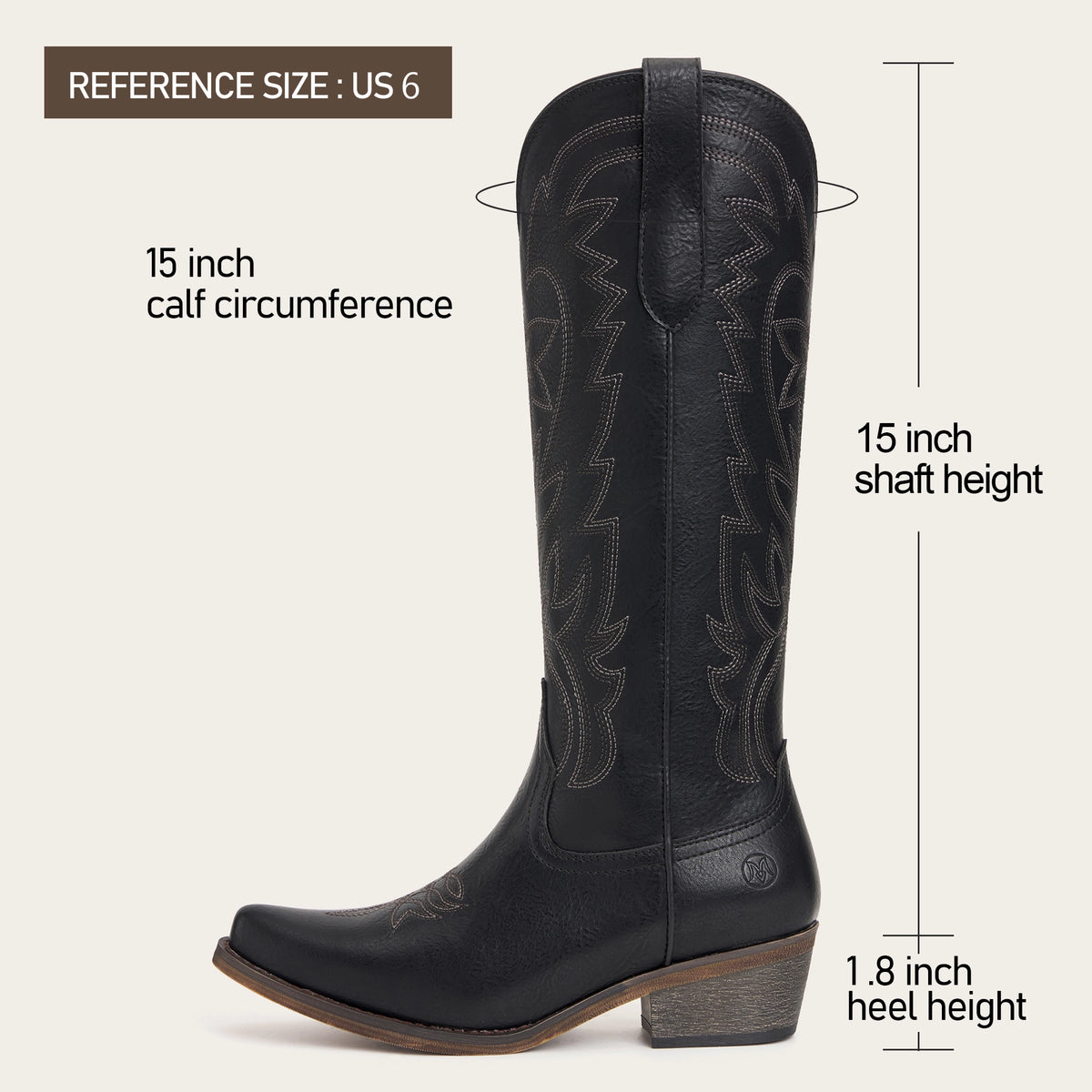 The Molly Wood - Black Starburst Embroidered Tall Western Cowgirl Boots with Side Zipper