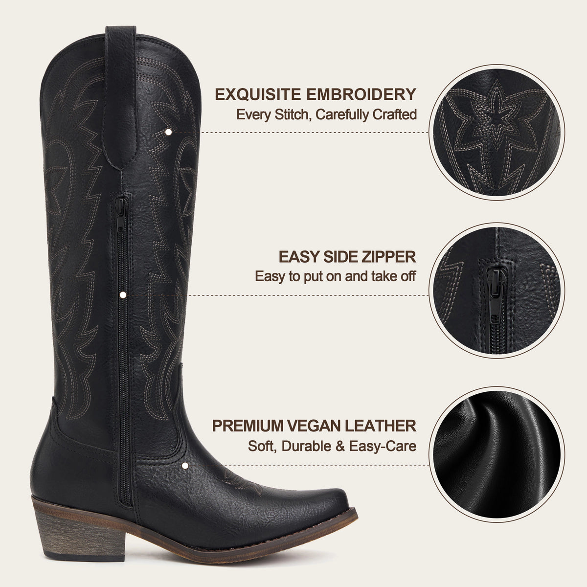 The Molly Wood - Black Starburst Embroidered Tall Western Cowgirl Boots with Side Zipper