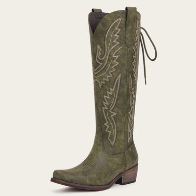 The Withersteen - Olive Adjustable Wide Calf Soft Snip Toe Tall Western Cowgirl Boots