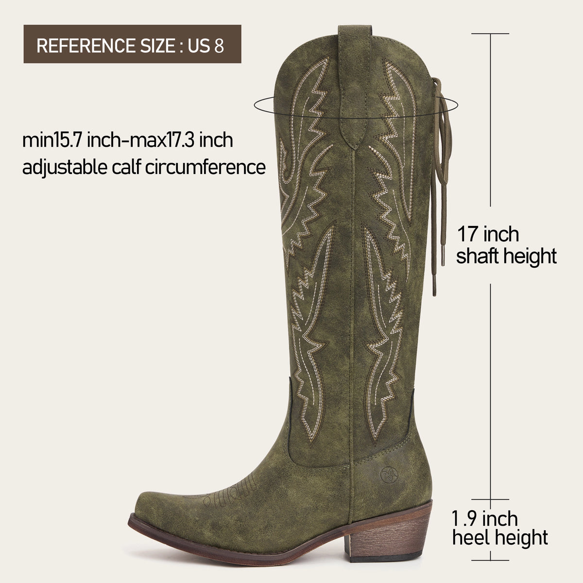 The Withersteen - Olive Adjustable Wide Calf Soft Snip Toe Tall Western Cowgirl Boots