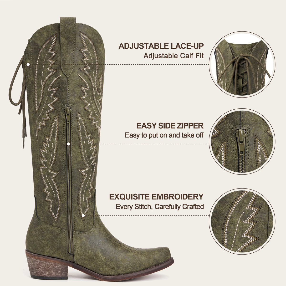 The Withersteen - Olive Adjustable Wide Calf Soft Snip Toe Tall Western Cowgirl Boots