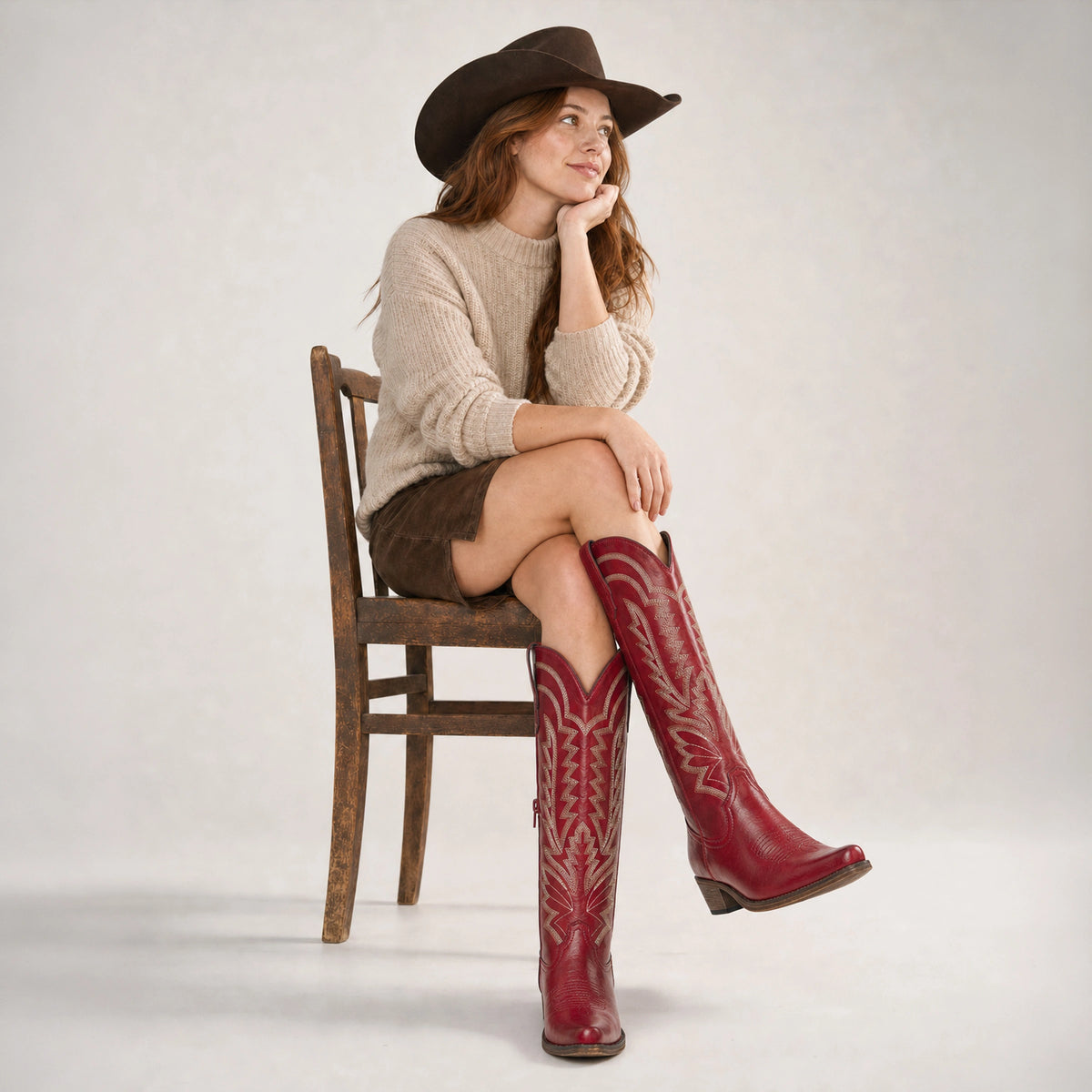 The Laurey - Burgundy Embroidered Soft Snip Toe Cowgirl Boots with Side Zipper