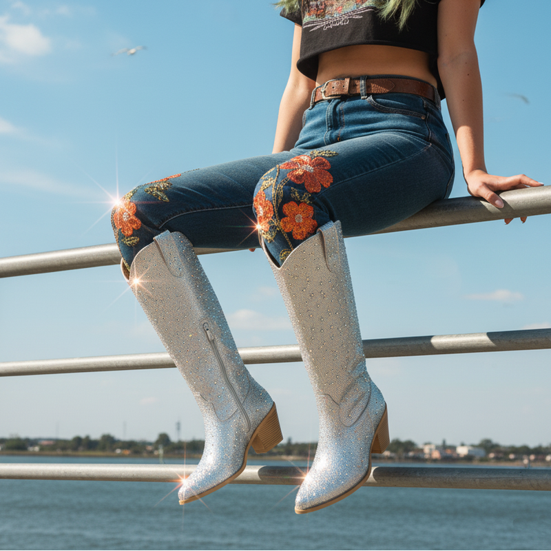 The Stardust – Crystal-Covered Silver Tall Cowgirl Boots