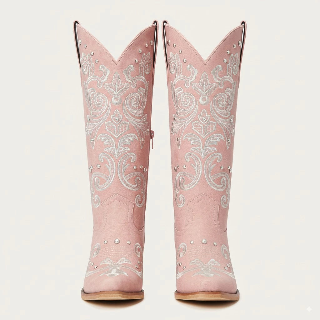 The Missie – Rose Pink Embroidered Cowgirl Boots with Pearls and Elegant Western Flair