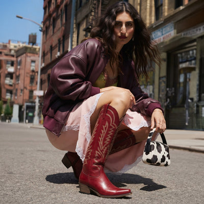 The Laurey - Burgundy Embroidered Snip Toe Cowgirl Boots with Side Zipper