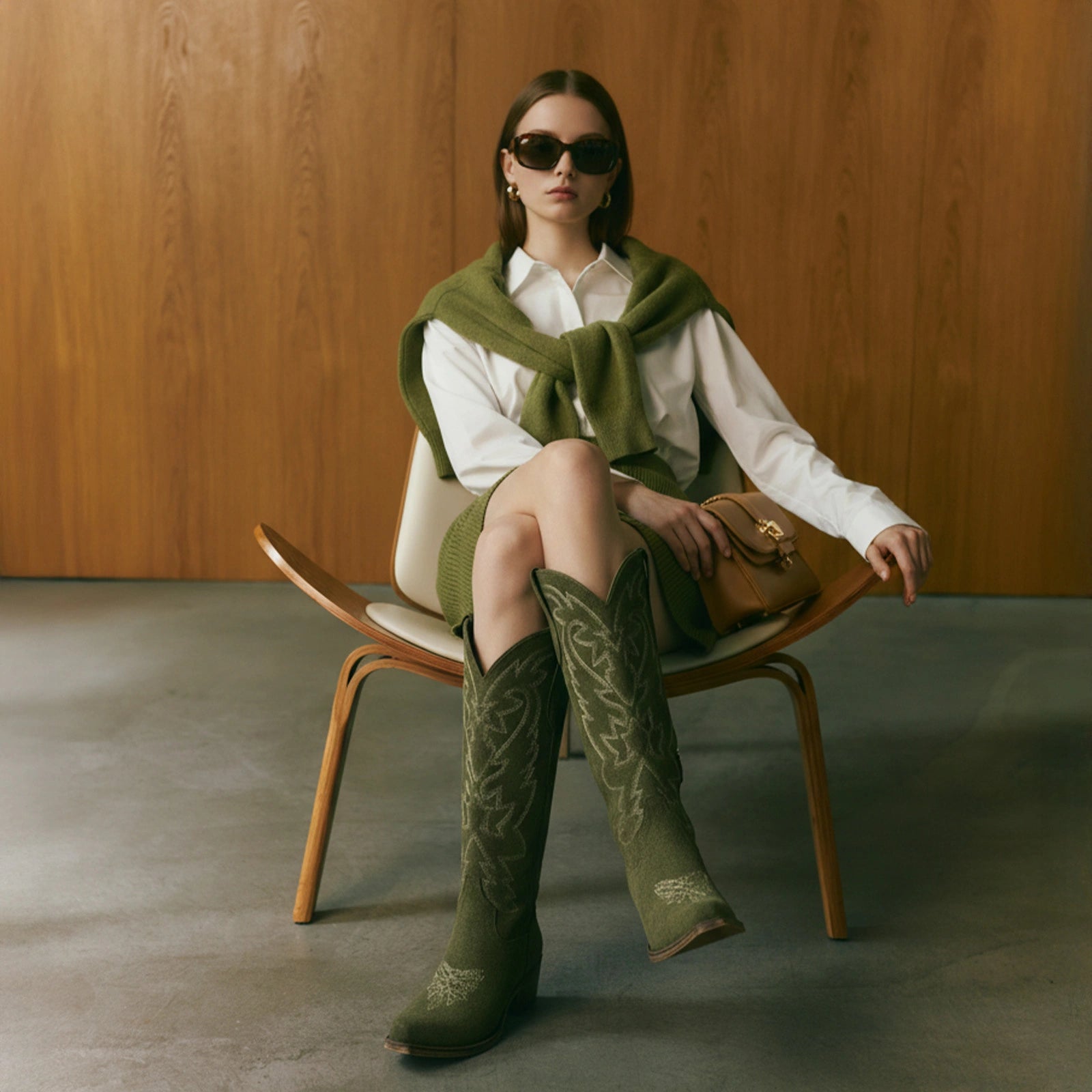 The Molly Wood – Olive Suede Snip Toe Embroidered Cute Comfortable Tall Cowgirl Boots