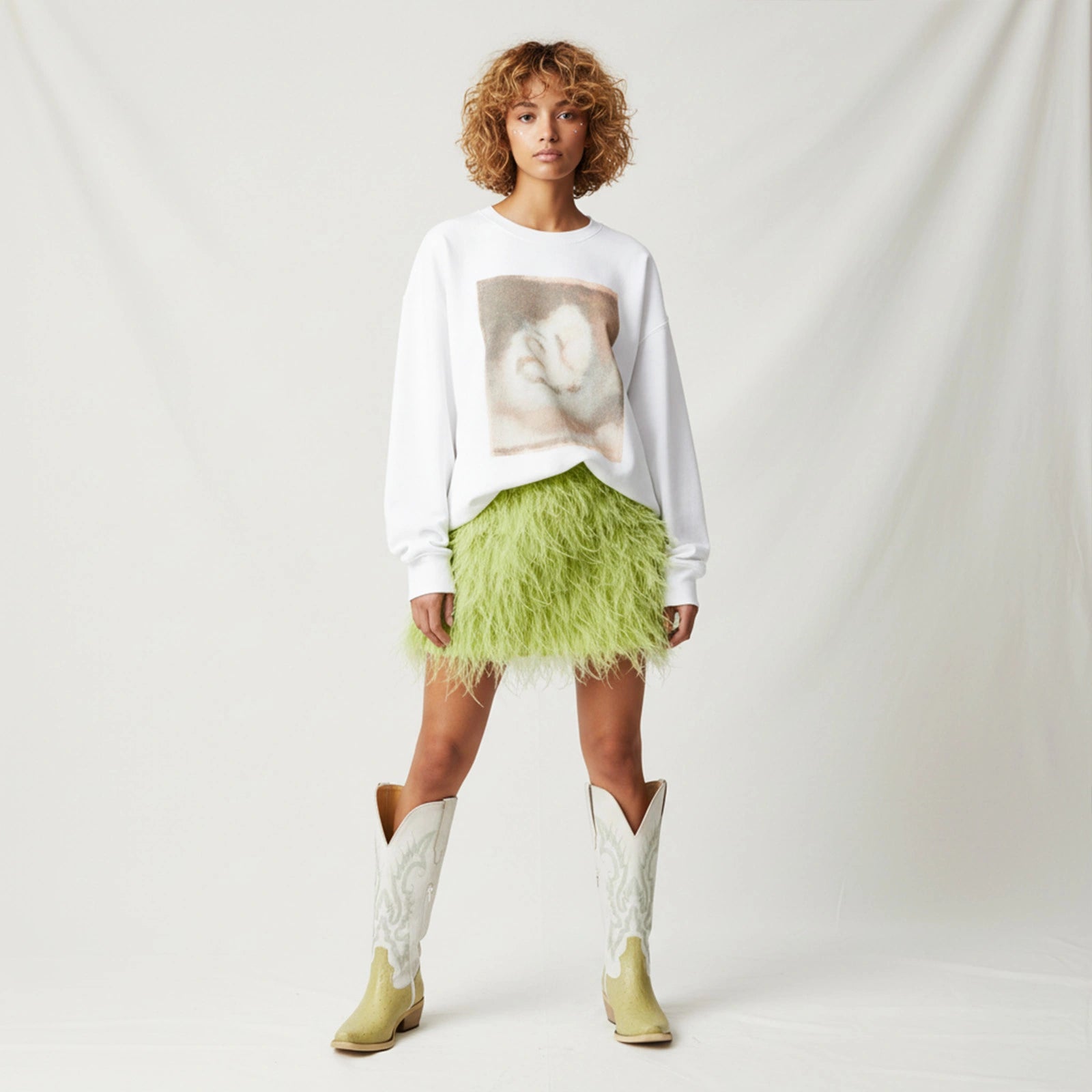 The Phoenix - Two-Tone Cowgirl Boots in Lime Faux Ostrich & Distressed White