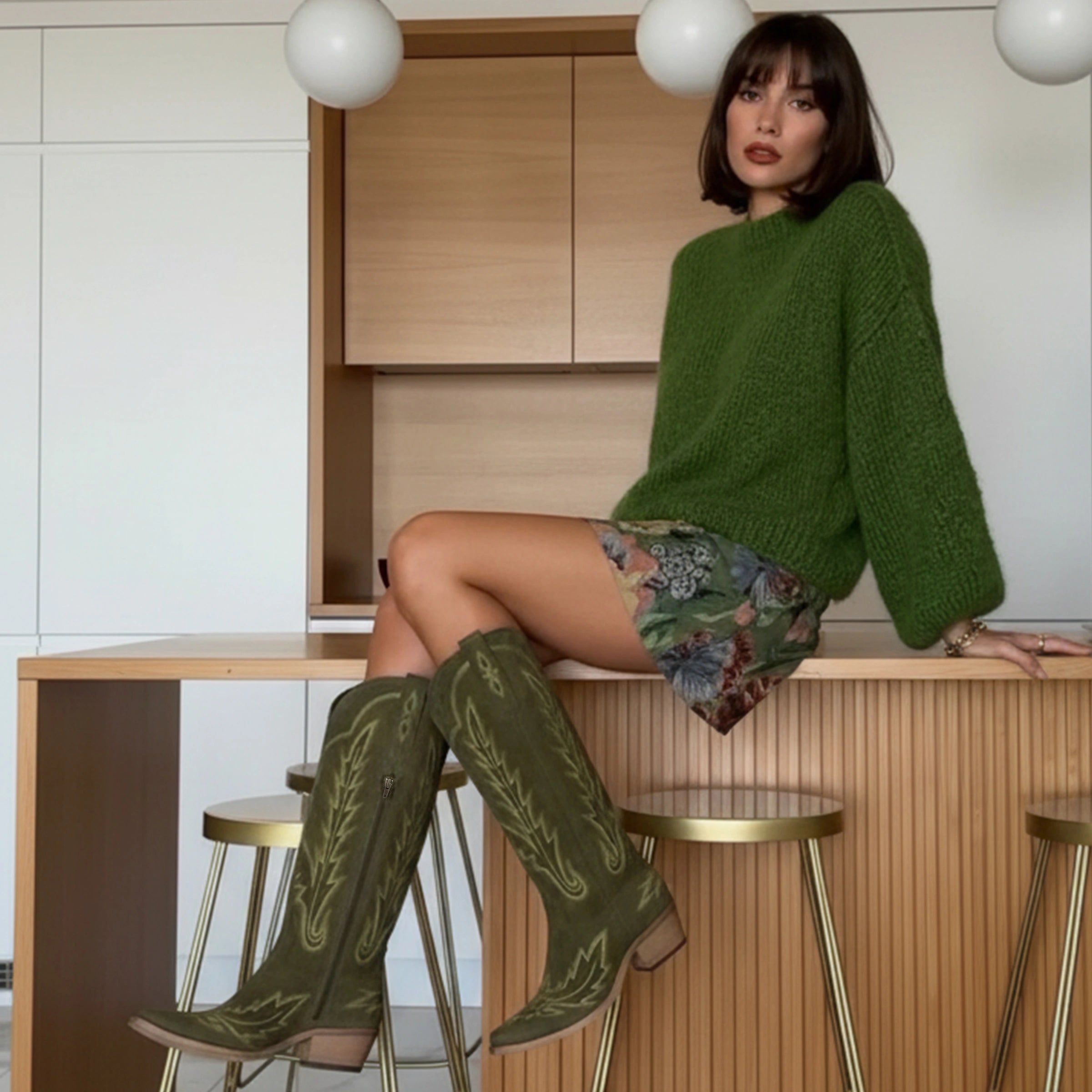 The Rosemary - Olive Faux Suede Classic Tall Cowgirl Boots with Embroidery