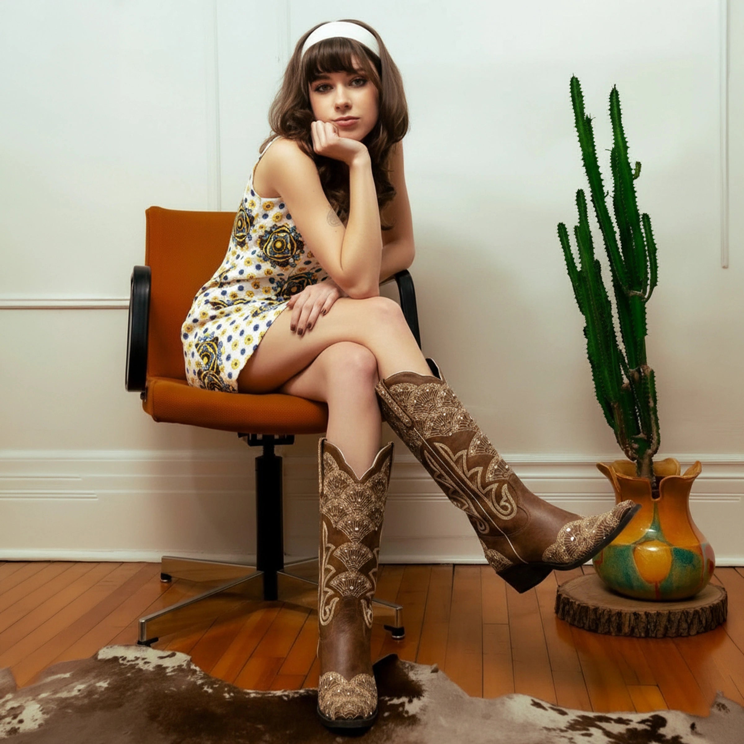 The Swenney - Brown Cowgirl Boots Floral Embroidery & Rhinestone Detail