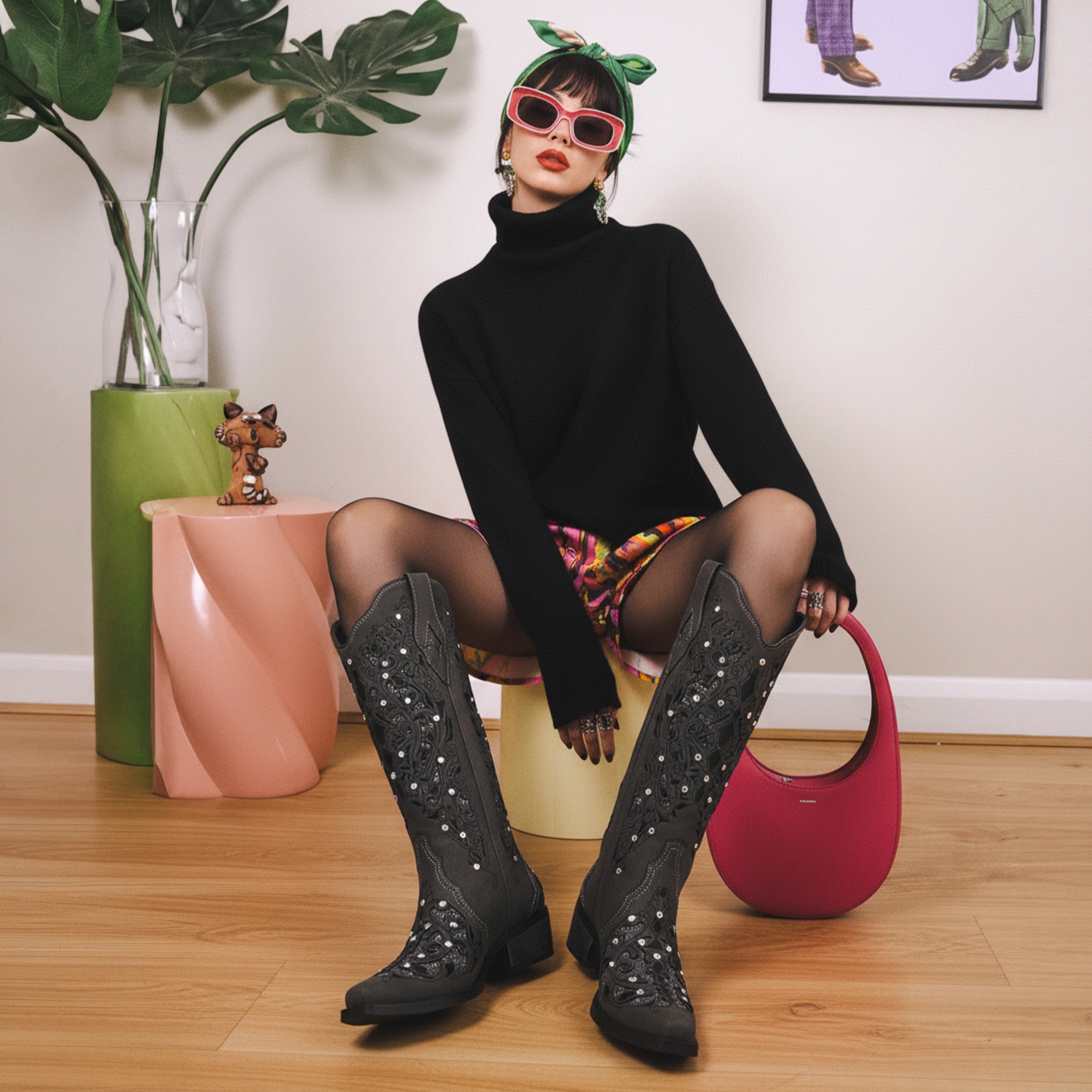 The Ballou - Charcoal Embroidered Cowgirl Boots with Rhinestone and Cutouts