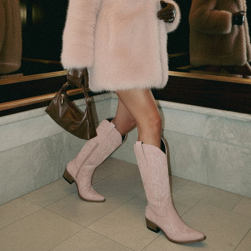 The Etta - Pink Short Tall Cowgirl Boots with Delicate Embroidery