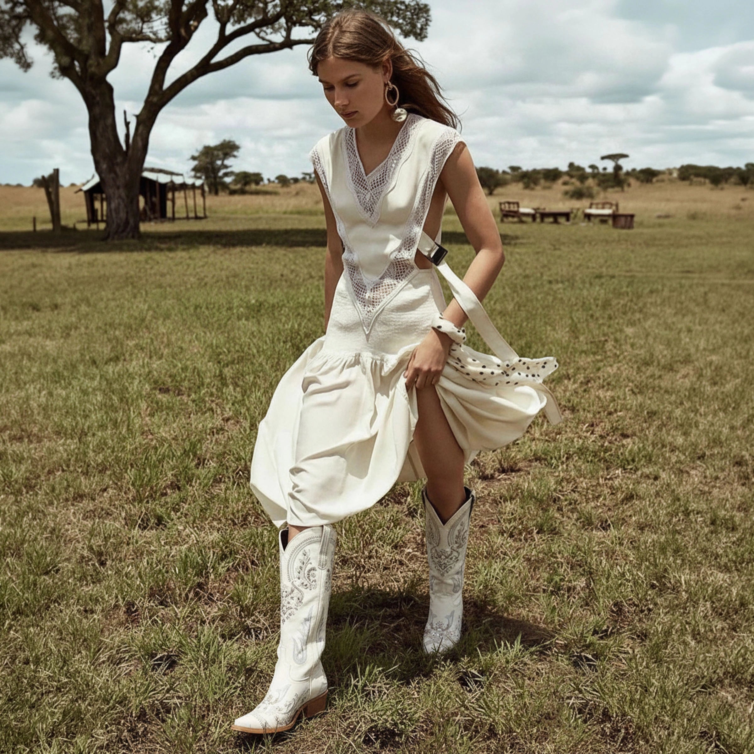 white dress brown cowboy boots Pink Palazzo Mini Dress M / LIGHT PINK-GREEN main image 0