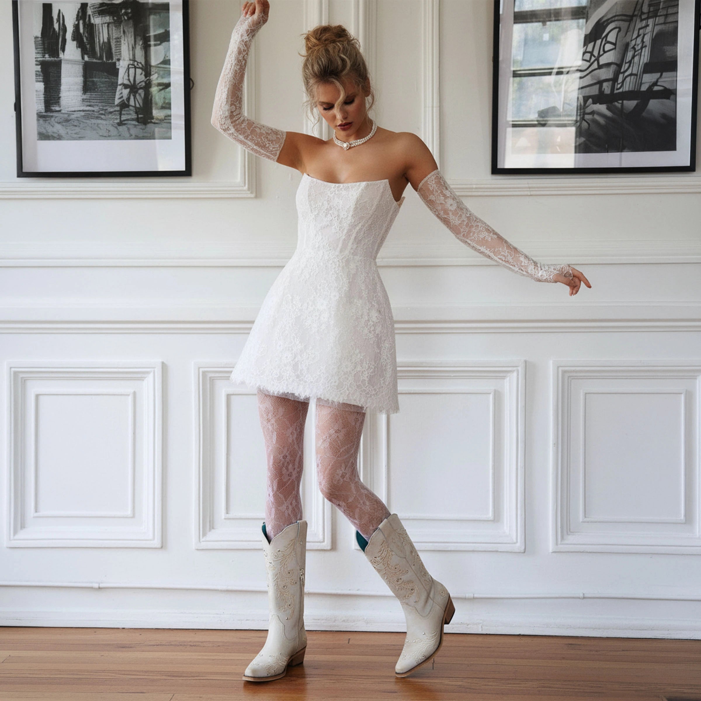 The Everly - Ivory Cowgirl Boots with Vine Embroidery and Crystal Accents