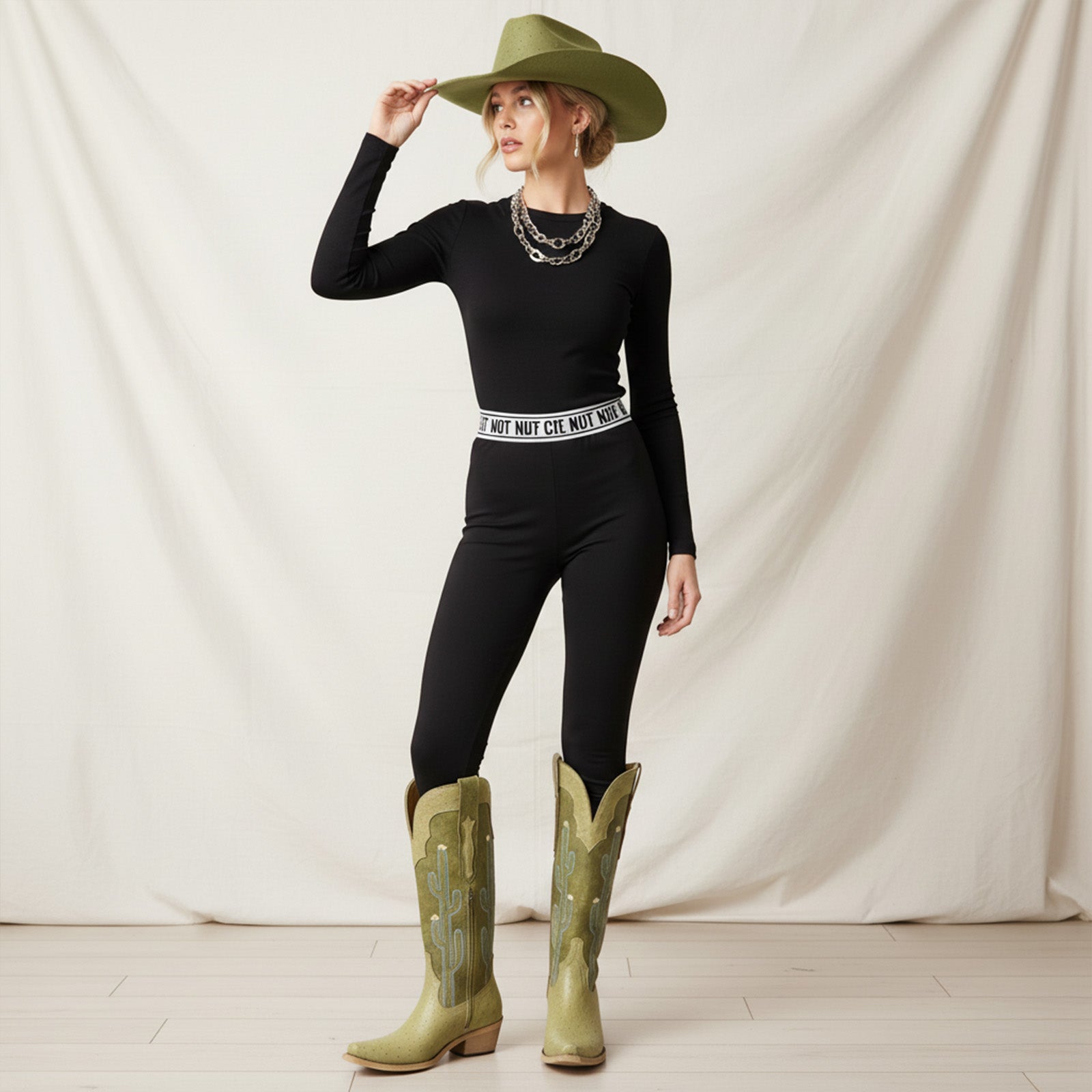 The Saguaro: Two-Tone Green Boots with Cactus Embroidery & Faux Ostrich