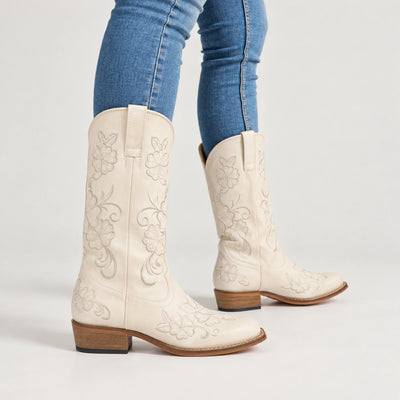 The Magnolia - Cream Floral Embroidered Square Toe Short Cowgirl Boots with Low Heel