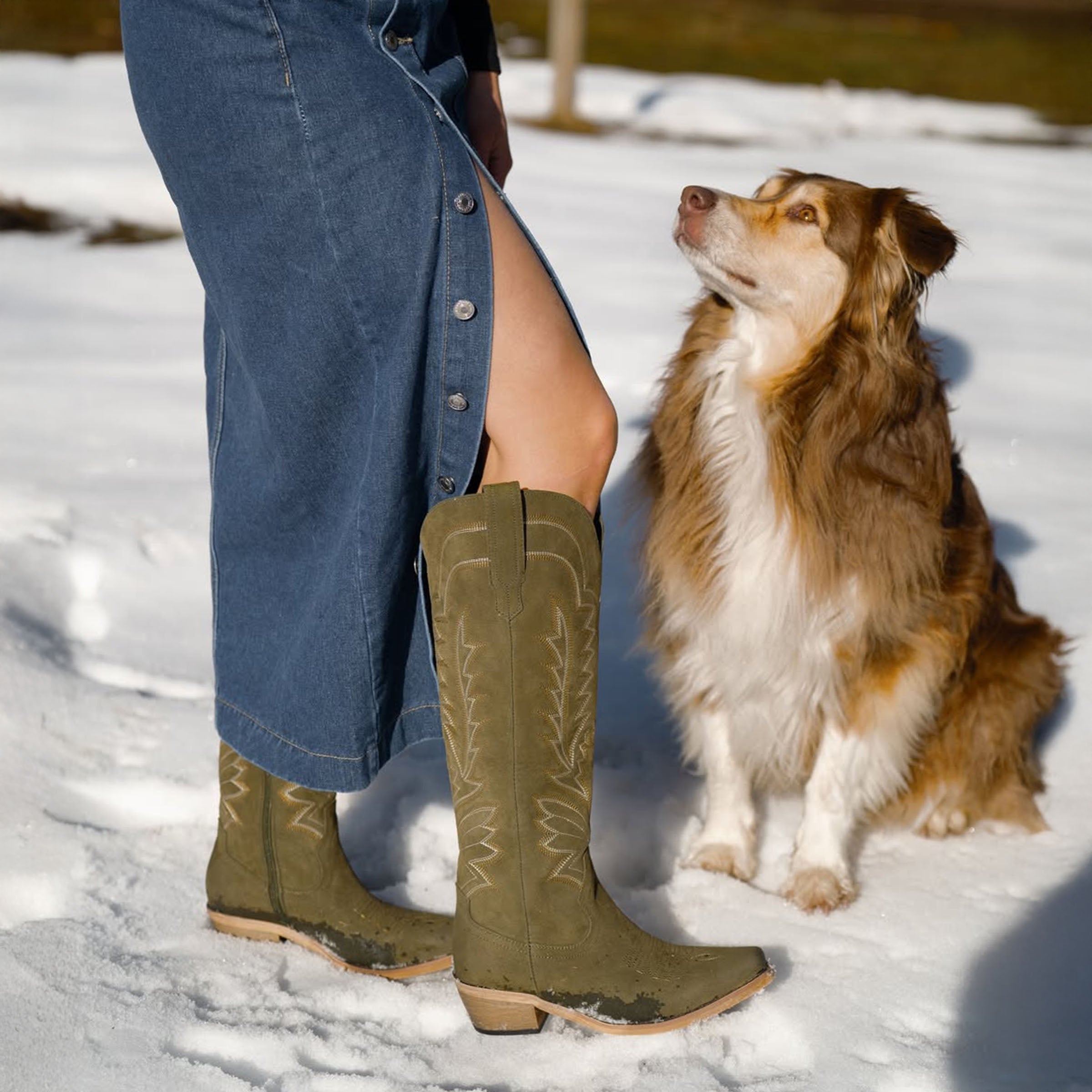 The Laurey - Olive Suede Embroidered Cowgirl Boots with Classic Western Flair