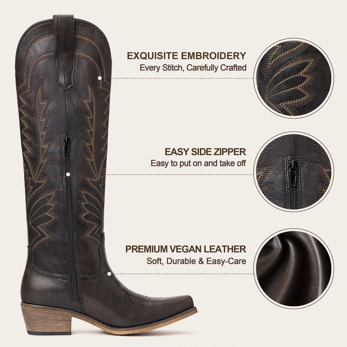 The Laurey - Espresso Embroidered Soft Snip Toe Tall Cowgirl Boots with Side Zipper