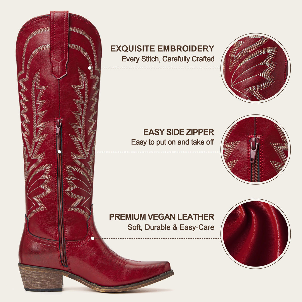The Laurey - Burgundy Embroidered Soft Snip Toe Cowgirl Boots with Side Zipper