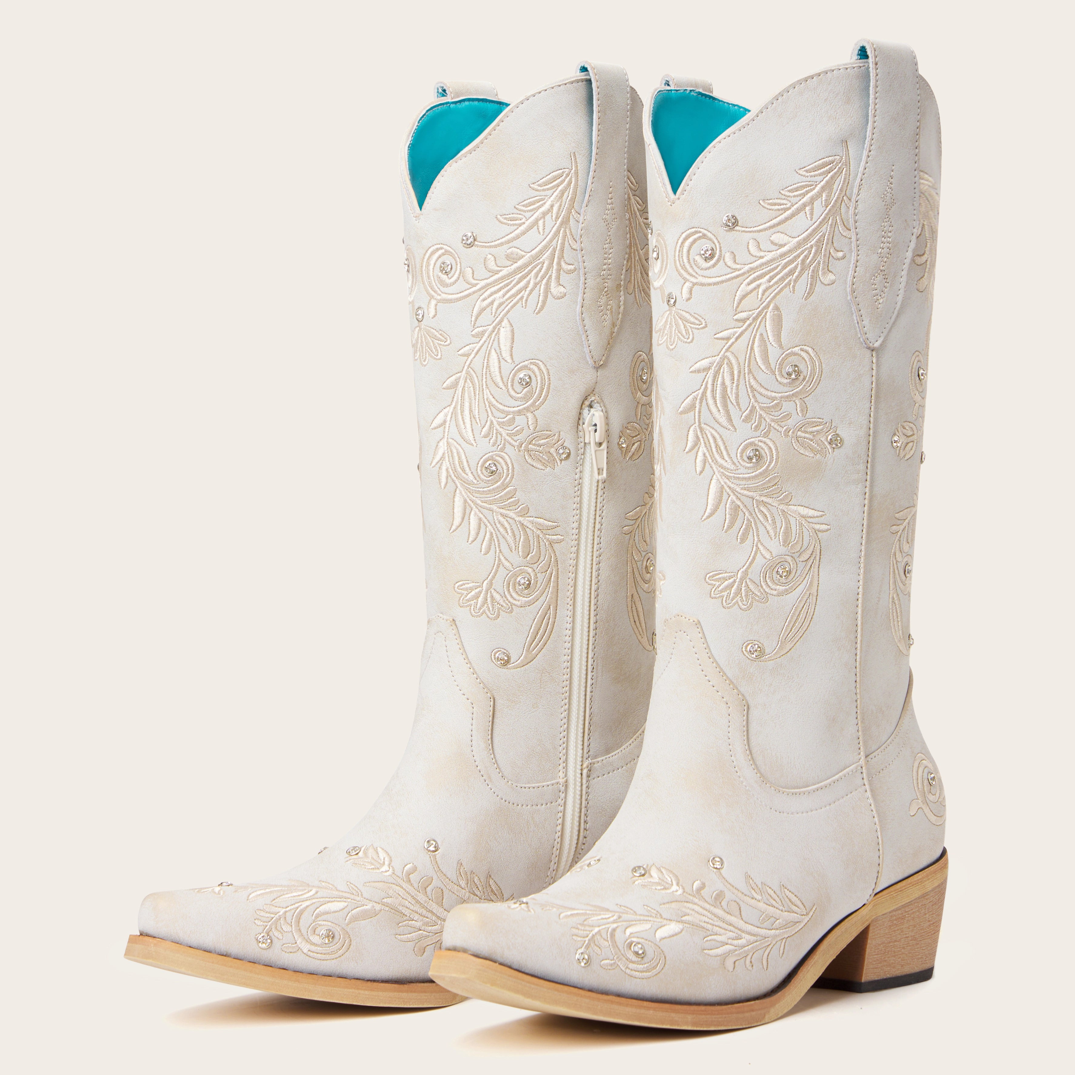 The Everly – Ivory Cowgirl Boots with Vine Embroidery and Crystal Accents