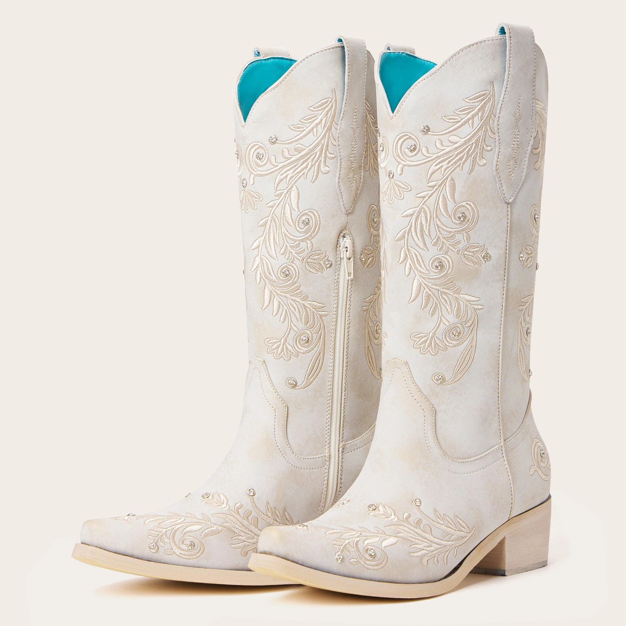 The Everly - Ivory Floral Vine Embroidered Snip Toe Cowgirl Boots with Side Zipper