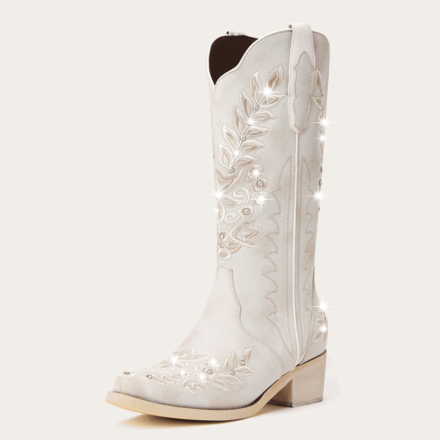 The Grace – Ivory Western Boots with Embroidered Floral and Rhinestone Accents