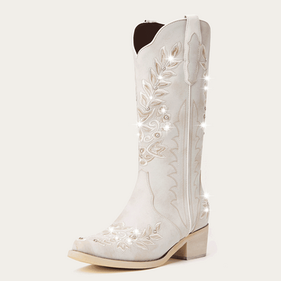 The Grace - Ivory Western Boots with Embroidered Floral and Rhinestone Accents