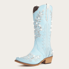 The Grace - Powder Blue Floral Rhinestone Embroidered Snip Toe Cowgirl Boots with Side Zipper