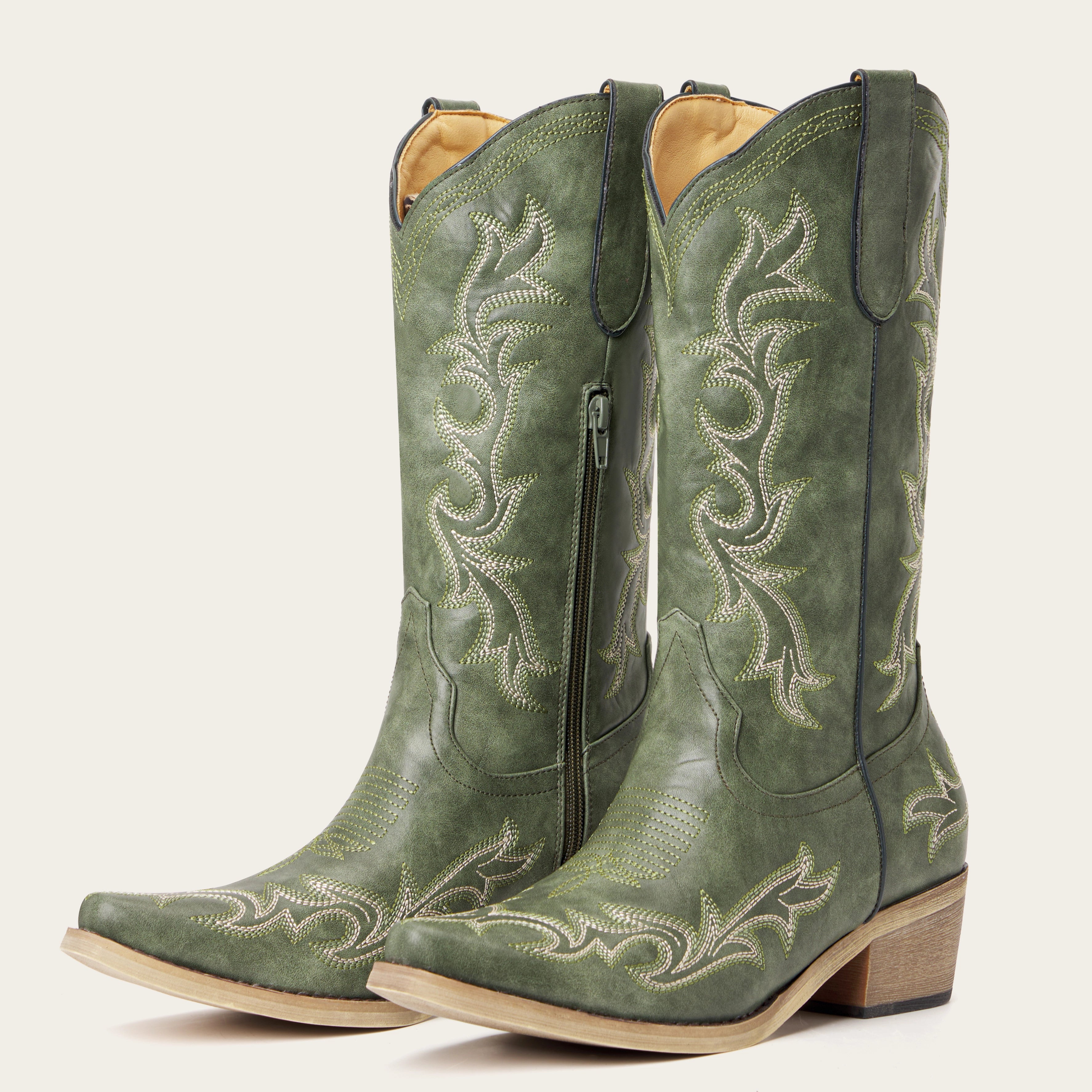 The Prairie Smoke – Olive Green Mid-calf Cowgirl Boots with Bold Embroidery