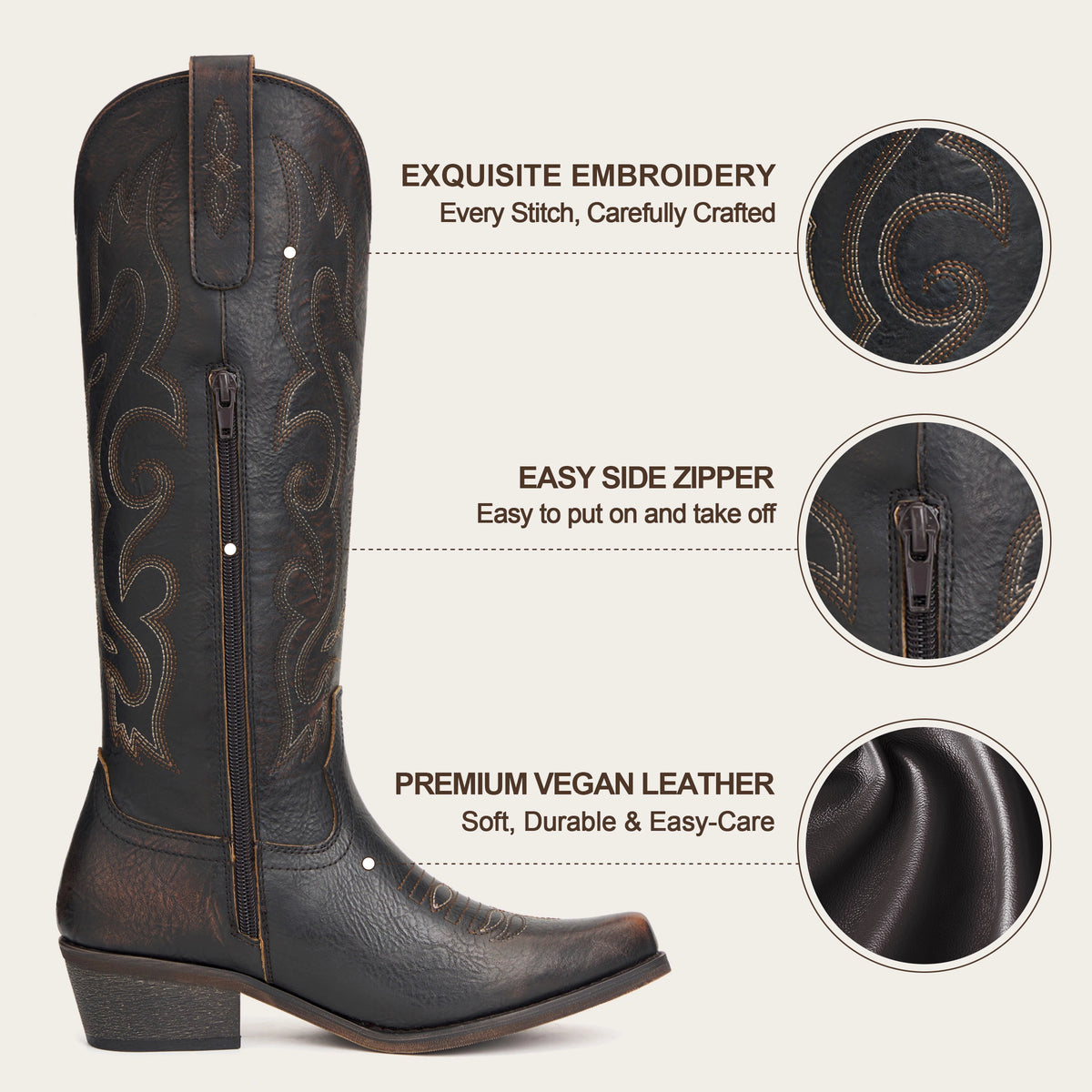 The Cheyenne - DarkBrown Scroll Embroidered Snip Toe Cowgirl Boots with Side Zipper