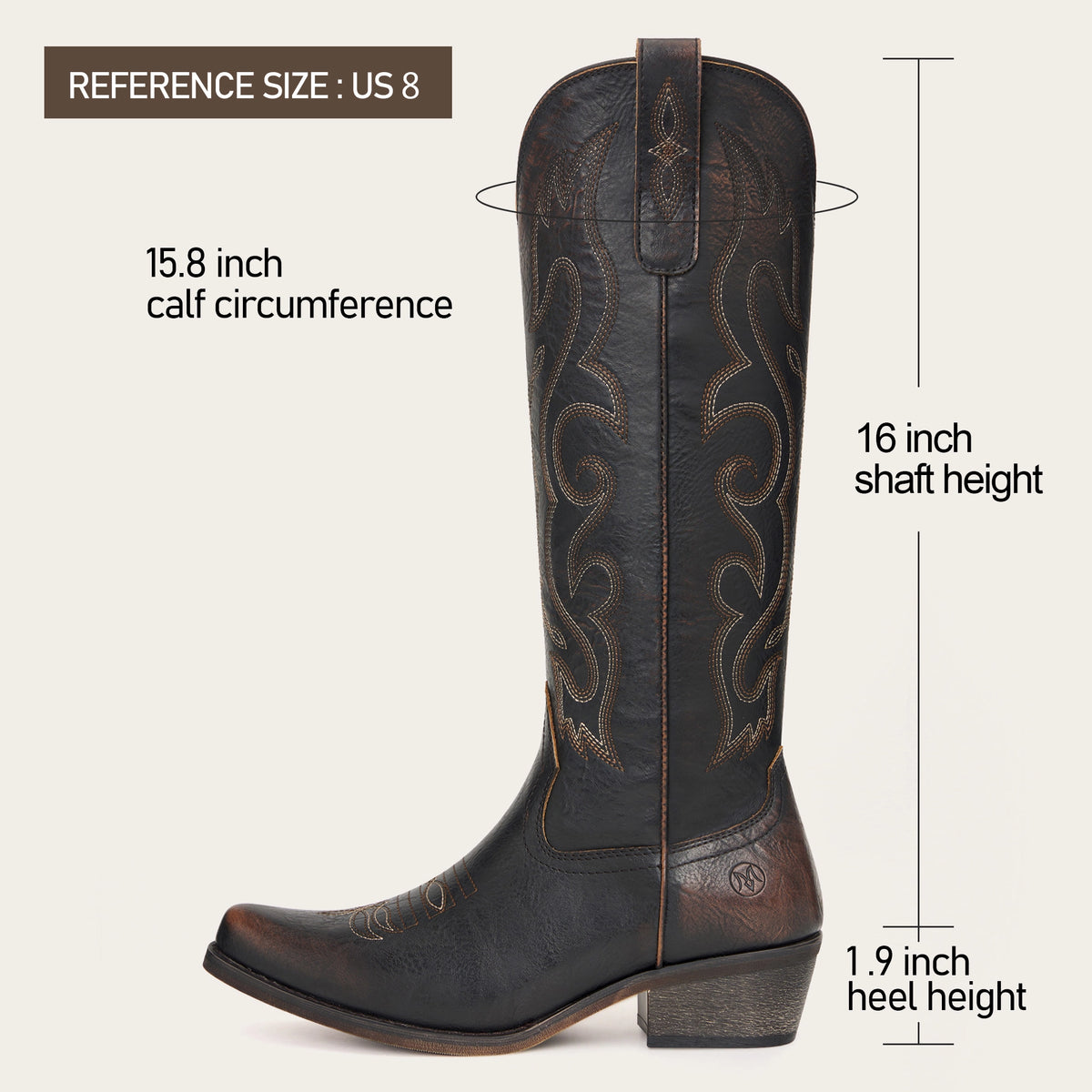 The Cheyenne - DarkBrown Scroll Embroidered Snip Toe Cowgirl Boots with Side Zipper